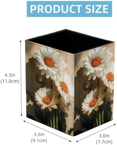 Wooden Board and Daisies Pen Holder for Desk Decor, Rectangular PVC Leather Pencil Cup for Desk Pen Organizer, Makeup Brush Holder for School, Home, Office