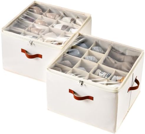 INSTY 2 Pack Shoe Organizer for Closet, Fits up to 32 Pairs, Adjustable Dividers for Shoe Storage, Fabric Shoe Storage Bins with Clear Cover, Beige
