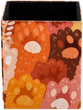 Colorful Pet Paws Pen Holder for Desk Decor, Rectangular PVC Leather Pencil Cup for Desk Pen Organizer, Makeup Brush Holder for School, Home, Office