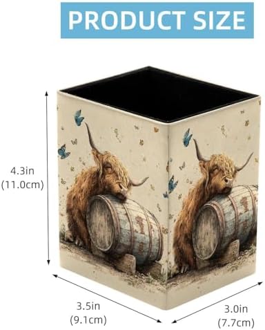 Highland Cow Pen Holder for Desk Decor, Rectangular PVC Leather Pencil Cup for Desk Pen Organizer, Makeup Brush Holder for School, Home, Office