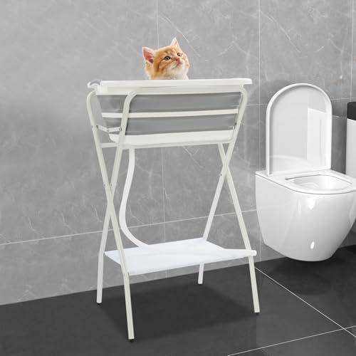 Dog Bathtub Washing Station for Small & Medium Dogs & Cats Indoor & Outdoor | Elevated Foldable Pet Bath Tub, Stand & Safety Belt, Bottom Storage Rack, Drain Plug & Brushes, Portable Raised Tub