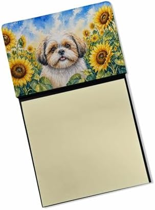 Caroline's Treasures Shih Tzu in Sunflowers Watercolor Sticky Note Holder Refillable Dispenser Desk Accessory 3x3 Pad Gift