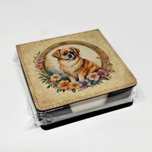 Caroline's Treasures Tibetan Spaniel and Flowers PU Leather Note Paper Holder with Artist-Designed Cover, Desk Accessory, Office Gift