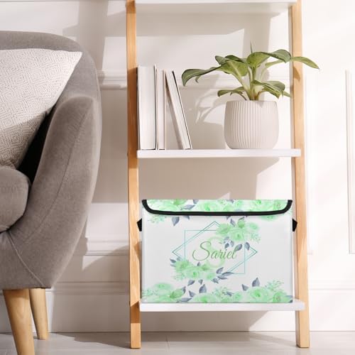 Green Floral Storage Bin with Lid Personalized Storage Baskets for Organizing Foldable Closet Organizers with Handles,Cute Basket for Boys Girls for Clothes Blanket Pet Dog Toy Basket Storage (1 Pack)