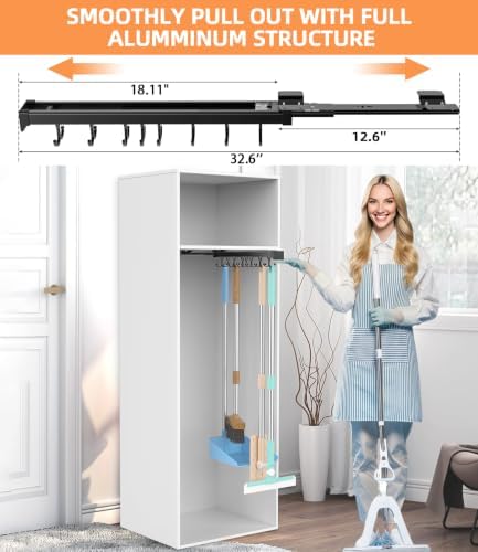 Pull Out Broom Holder With Adjustable Double Row Sliding Hook-Black 18IN | Multifunctional Slide Broom And Mop Storage/Organizer Garage Organization Hooks, for Closet Laundry Garage Kitchen