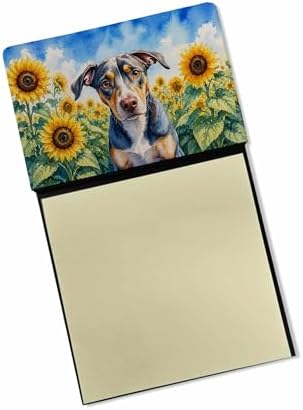 Caroline's Treasures Catahoula in Sunflowers Watercolor Sticky Note Holder Refillable Dispenser Desk Accessory 3x3 Pad Gift