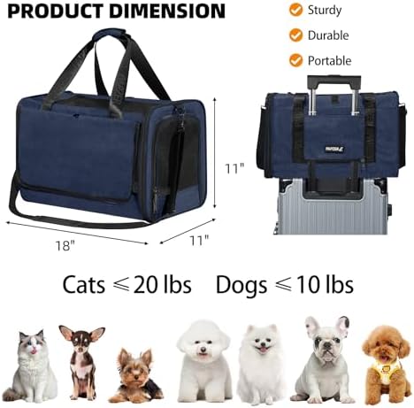 Cat Carrier for Travel, Soft-Sided, Top Loading, Privacy Curtain, to 20 lbs | Medium Pet Carry Bag Nervous Cat, Vet Visits Car Transport, Luggage Sleeve Suitcase Attachable Small Puppy Crate Kennel Navy