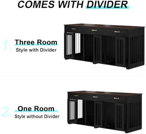 Dog Crate Furniture - Indoor Wooden Dog Kennel Furniture with 2 Dividers, 3 Drawers, and 3 Lockable Doors - 72"x23.6"x31.5"H, Black