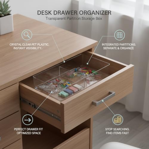 3.78 x 3.78 x 2.44 Inch Transparent PET Partition Storage Box, Drawer Organizer Bin for Office Supplies and Small Items