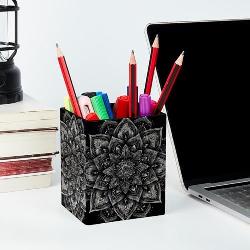 Mandala Pen Holder for Desk Decor, Rectangular PVC Leather Pencil Cup for Desk Pen Organizer, Makeup Brush Holder for School, Home, Office
