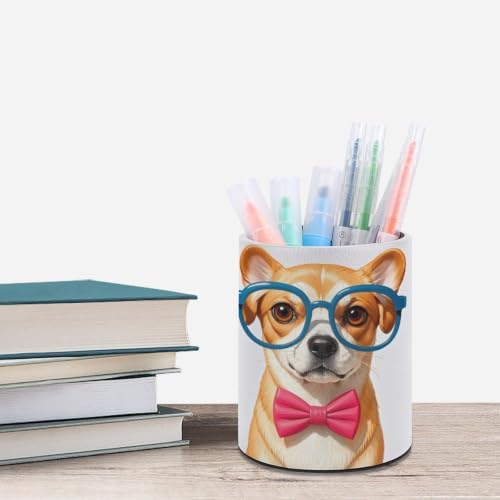 Round Pet Dog with Glasses Pen Holder for Home Office Studio Workshop