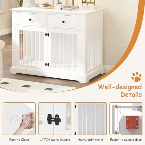 PRETZI Dog Crate Furniture, 44 Inch Wooden Dog Kennel Indoor with 2 Storage Drawers, Heavy Duty Large Crate Furniture, Decorative End Table Cage Furniture for Small/Medium/Large (White)