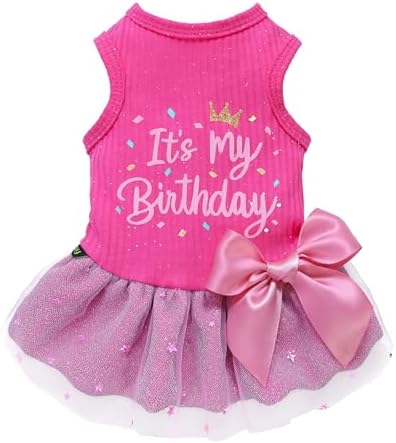 Fitwarm It's My Birthday Dog Dress - Pink Bowknot Dog Clothes for Small Female Puppy, XXS