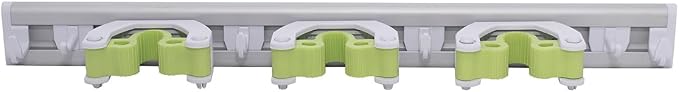 Pine-Sol Mop and Broom Holder - Hanging Wall Mount Storage Rack with 3 Slots and 6 Hooks - Adjustable Cleaning Tool Organizer for Garage, Kitchen, and Utility Closet