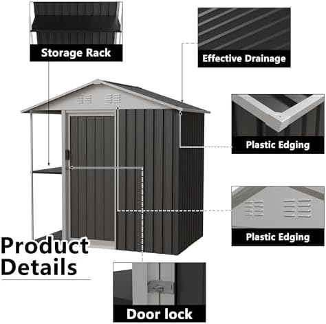 6 x 4 FT Outdoor Metal Storage Shed Garden Shed with Side Storage Rack Suitable for Garden Bike, Waterproof Shed,Tool Metal Storage Shed for Backyard, Patio