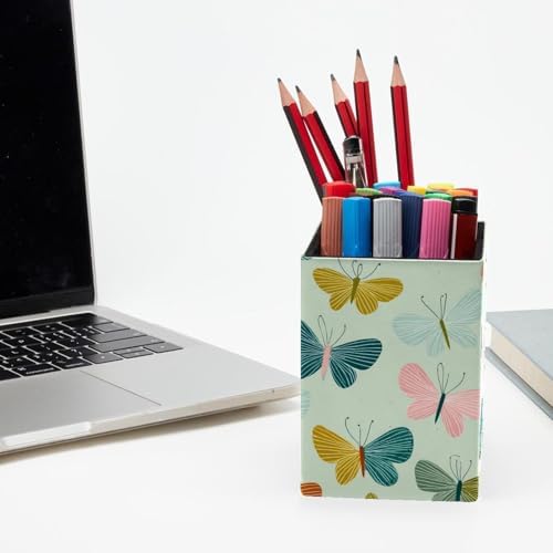 Butterflies Pen Holder for Desk Decor, Rectangular PVC Leather Pencil Cup for Desk Pen Organizer, Makeup Brush Holder for School, Home, Office