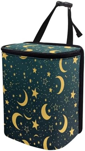 Car Trash Can with Lid Storage Pockets for Disposable Garbage Bag, Multipurpose Collapsible Car Organizer, Moon Star Print