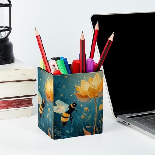 Bee Pen Holder for Desk Decor, Rectangular PVC Leather Pencil Cup for Desk Pen Organizer, Makeup Brush Holder for School, Home, Office