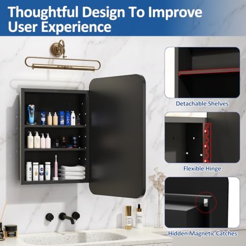 ACEMIRO 16x24 Inch Black Mirror Medicine Cabinet Metal Framed Recessed Wall Mounted Bathroom Medicine Cabinet with Mirror and Storage
