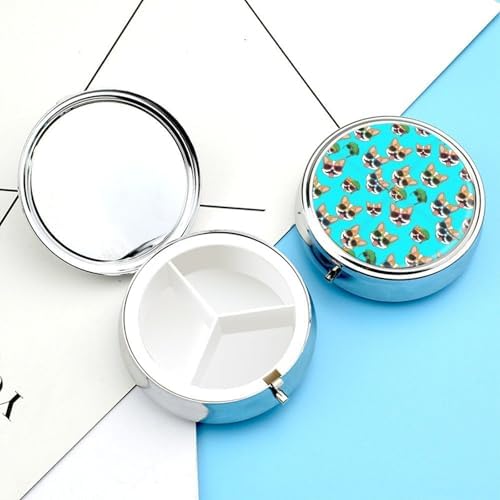 Round 3 Compartment Pill Container Cute Corgi Glasses, Cute Travel Pill Organizer for Purse Pocket Supplement Storage