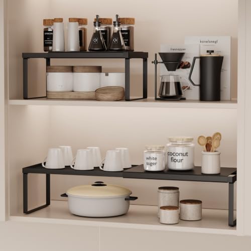 Magheo Expandable Cabinet Shelf Organizer, 1 Pack Stackable Kitchen Counter Shelf Riser, Metal Spice Rack Heavy Duty Countertop Organizer Storage for Kitchen, Pantry, Cupboard, Rv (5.9in Height,Black)