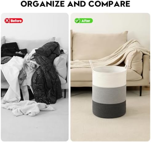 Laundry Basket Hamper Tall Rope Storage Woven for Blanket toys Dirty Clothes in Living Room Bathroom Bedroom (Gradient Grey, 80L/21.3Gal)