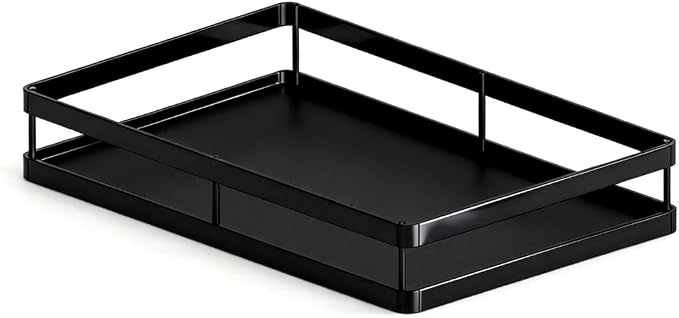 AOVA Pull Out Under Sink Organizer, Single-Tier Metal Sliding Shelf | Carbon steel basket, smooth slide-out rails, no-drill adhesive setup, for kitchen, pantry and bathroom cabinets