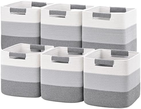 11 Inch Storage Cubes, 6 Pack Cube Storage Bins for Organizing, Cotton Rope Woven Baskets for Shelves, Bathroom, Kids Room, Closets, Baby Nursery
