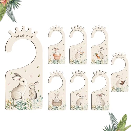 Baby Clothes Dividers for Closet - Set of 8 Wooden Baby Size Closet Dividers Newborn to 24 Months, Rabbits Babies Clothes Organizer for Boys Girl Nursery Decor Gender-Neutral Newborn Hangers Dividers