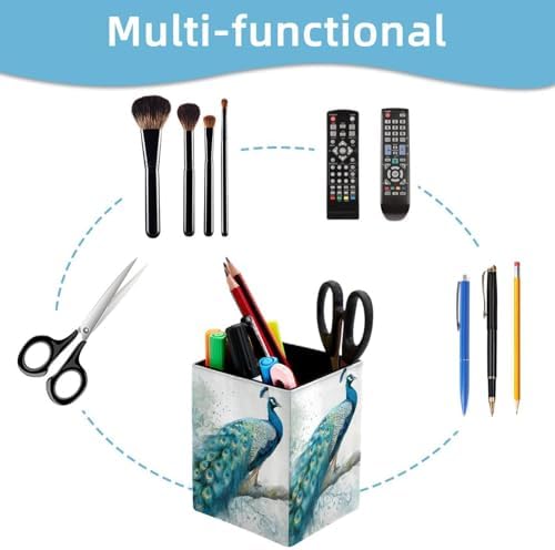 Peacock Pen Holder for Desk Decor, Rectangular PVC Leather Pencil Cup for Desk Pen Organizer, Makeup Brush Holder for School, Home, Office