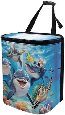 DISNIMO Ocean Turtle Dolphin Car Trash Can with Lid, Leak Proof Trash Bin Garbage Bag Collapsible Automatic Portable Trash Can, Easy to Clean, Used in Car Home Office
