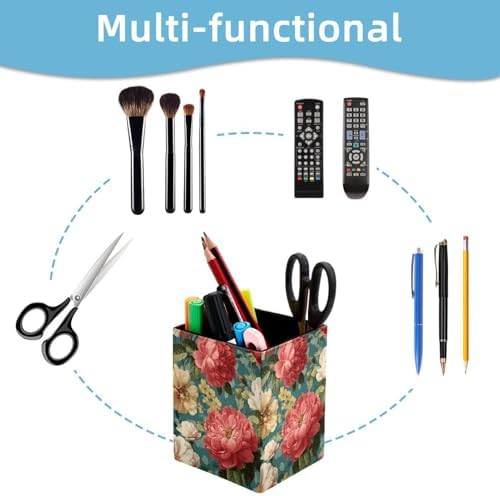 Beautiful Flowers Pen Holder for Desk Decor, Rectangular PVC Leather Pencil Cup for Desk Pen Organizer, Makeup Brush Holder for School, Home, Office
