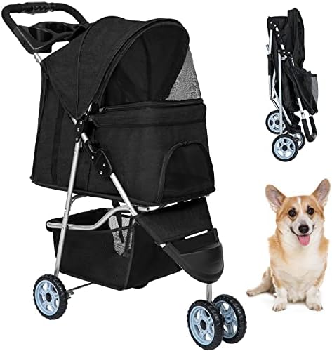 BestPet | 3-Wheel Foldable Pet Stroller | Black | Lightweight & Portable | Travel Carrier with Mesh Windows, Storage Basket, Cup Holder, Safety Brakes, and Waterproof Fabric | For Small Dogs and Cats