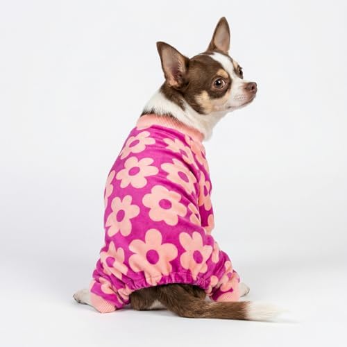 Fitwarm Flower Fleece Dog Pajamas, Warm Winter Dog Clothes for Small Dogs Girl, Cozy Pet Onesie with Feet, Pink, Large