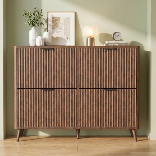 KIGOTY Narrow Shoe Storage Cabinet, Shoe Cabinet with 4 Flip Drawers, Freestanding Shoe Organizer with Legs for Entryway, Slim Shoe Rack Cabinet for Enterway (Walnut, 4 Flip Drawer)