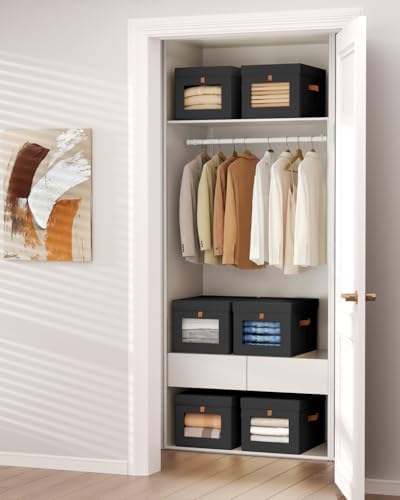 Homsorout Storage Bins with Lid – Closet Organizer with Side Opening and Clear Window, Foldable Stackable Fabric Basket for Clothes, Home, Office - 13.77" x 11.8" x 9.8", 4 Pack, Black