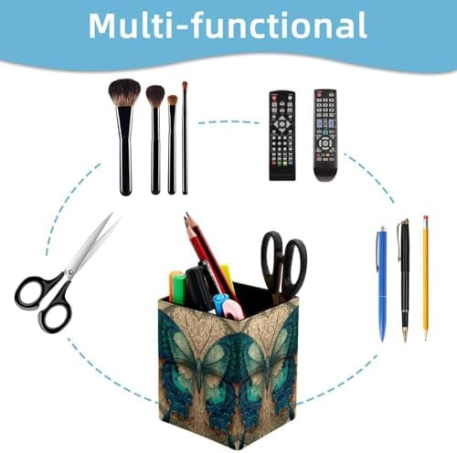 Art Butterfly Pen Holder for Desk Decor, Rectangular PVC Leather Pencil Cup for Desk Pen Organizer, Makeup Brush Holder for School, Home, Office