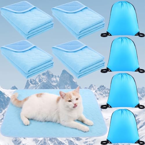 Chunful 27 x 21 Inches 4 Pcs Dogs Cooling Mat for Cats Pet, Summer Washable Dog Cooling Pad with Non-Slip Bottom & Storage Bags, Foldable Self-Cooling Blanket for Crate Sofa Floor Car