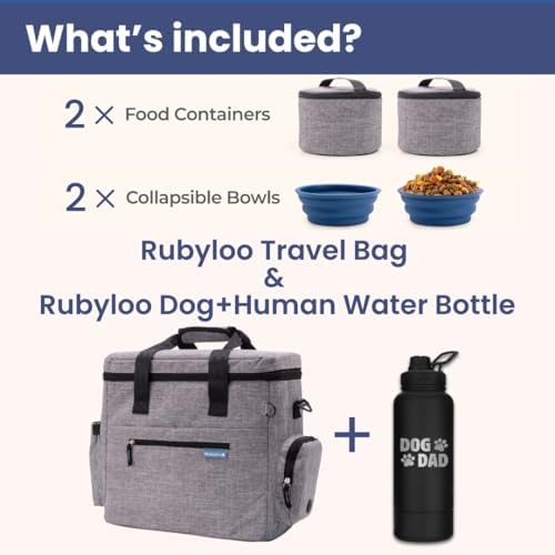 Rubyloo Original Doggy Bag (Grey) & 32 oz Insulated Water Bottle with Attached 8 oz Bowl (Dog Dad) – Dog Travel Bag & Hydration Set