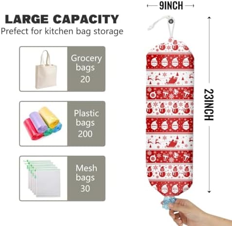 Christmas Red Grocery Bag Holder and Dispenser Plastic Bags Organizer | Christmas Snowman Santa Claus Elk Gift Snowflakes Pattern Garbage Shopping Trash Bags Storage for Kitchen Home