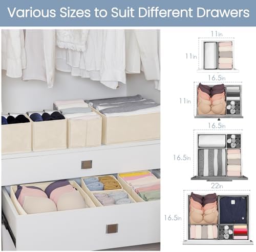 Criusia Drawer Organizer Clothes,16 Pack Underwear Drawer Organizers, Foldable Closet Organizers and Storage Dresser Drawer Dividers Clothing Organizer for Clothes, Socks, Scarves, Bra, Ties (Beige)