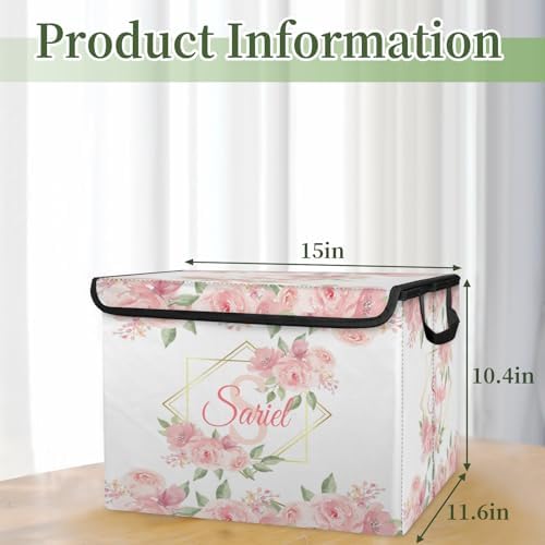 Pink Floral Storage Bin with Lid Personalized Storage Baskets for Organizing Foldable Closet Organizers with Handles,Cute Basket for Boys Girls for Clothes Blanket Pet Dog Toy Basket Storage (1 Pack)