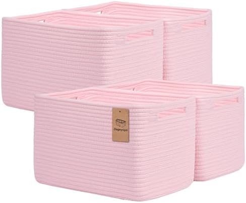Storage Baskets for Organizing, 4 Pack Baskets for Shelves, Decorative Storage Bins for Shelves, Cotton Rope Storage Basket with Handles, Woven Basket for Storage, 13''Lx8.7''Wx7.9''H, Pink
