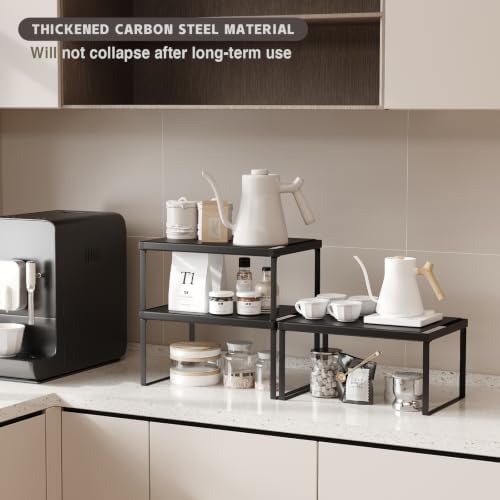Kitchen Counter Oganizer Stackable Cabinet Organizer Shelf Riser, Spice Rack for Countertop, Pantry Organizers and Storage, Heavy Duty Kitchen Counter Shelves for Seasonings,Bowls (3 Pack, Black)