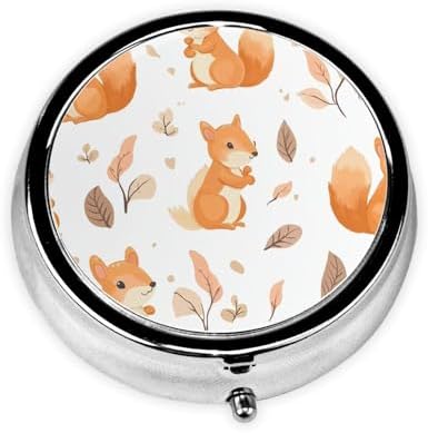 Pill Box 3 Compartment Medicine Pill Case for Pocket or Purse Mini Metal Pillcase Cute Squirrels Pill Holder Vitamin Organizer Portable Travel Pills Container to Hold Supplements Vitamins