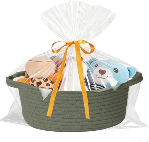 Small Woven Basket with Gift Bags and Ribbons Durable Cotton Rope Basket for Halloween Gifts Empty Storage Basket 12"X 8" X 5" Baby Toy Basket with Handles, Green