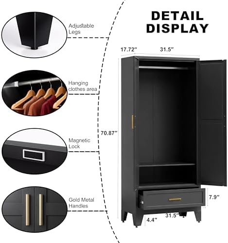 71" H Broom Closet Storage Cabinet,Laundry Storage Cabinet,Metal Garage Storage Cabinet,Black Storage Cabinets,Utility Cabinet