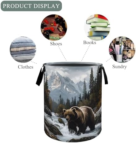 Bear Laundry Basket Hamper, Organizer Bins Gifts for Women Kids, Wilderness Wildlife Foldable Waterproof Clothes Hamper Handles Storage Bucket for Bedroom Bathroom Room Decor 19.7"x15.7"