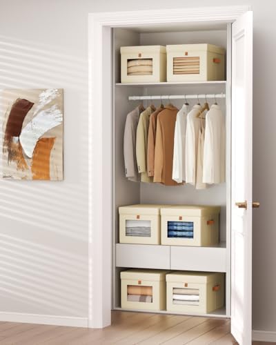 Homsorout Storage Bins with Lid – Closet Organizer with Side Opening and Clear Window, Foldable Stackable Fabric Basket for Clothes, Home, Office - 13.77" x 11.8" x 9.8", 4 Pack, Beige