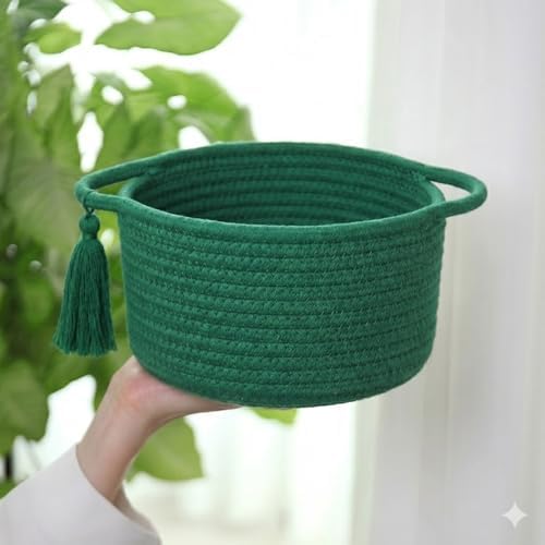 Small Gift Basket Empty to Fill with Gifts Bag & Ribbon, Green | Cute Decorative Mini Woven Rope Basket with Handles for Gifting; Reusable for Bathroom Counter or Desk Catchall, 8 x 4.7 in